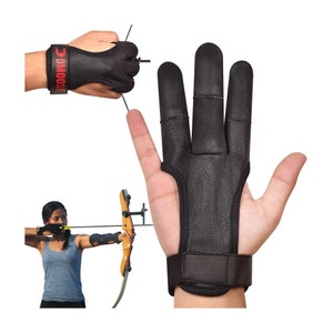 DMoose Archery Glove for Recurve & Compound Bow, Non-Slip Padded Tips, Leather and 4-Way Material , Three Finger Finger Guard Accessories