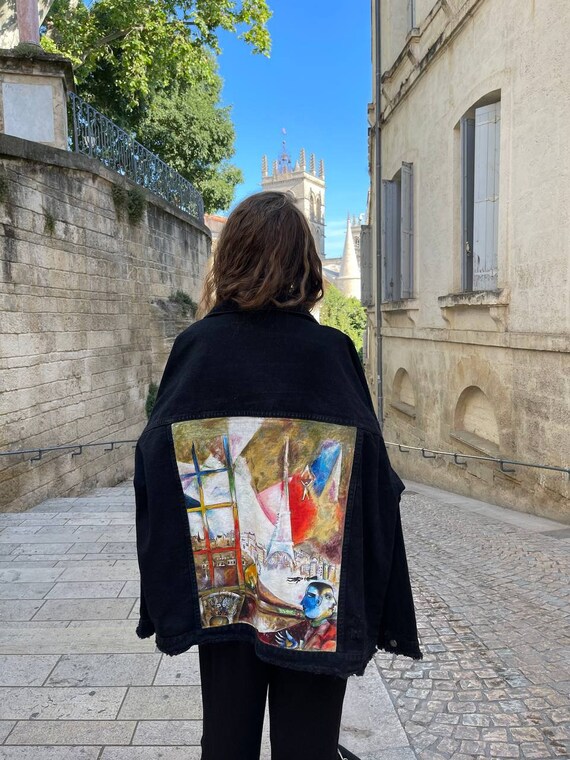 custom jacket, hand painted denim jacket, denim jacket with art,  personalized denim jacket, marc chagall, chagall art, hand painted jacket