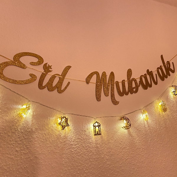 Guirlande lumineuse, éclairage, décoration murale, Eid Mubarak, décoration Ramadan, or, paillettes ; Lune, étoiles, lanterne