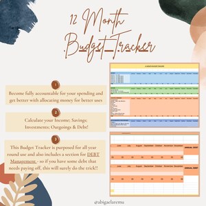 May include: A printable 12-month budget tracker with a peach, green, and blue color scheme. The tracker includes sections for income, savings, investments, outgoings, and debt. The text "12 Month Budget Tracker" is at the top of the page.