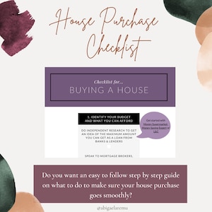 May include: A checklist for buying a house with a purple background and white text. The checklist includes steps like identifying your budget, doing independent research, and speaking to mortgage brokers. The text "Get started with Money Supermarket, Money Saving Expert or L&C" is in a speech bubble.