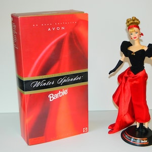 Vintage Winter Splendor Collectible Barbie Doll Made by Mattel for Avon in the 1990&#39;s with Box and Stand