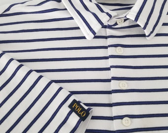 Polo Golf Ralph Lauren STRETCH LISLE Mens L Blue Striped Soft Polo N13 with front pocket.