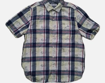 Tommy Bahama Button Up Shirt Men Large Plaid Short Sleeve Allover Palm Print