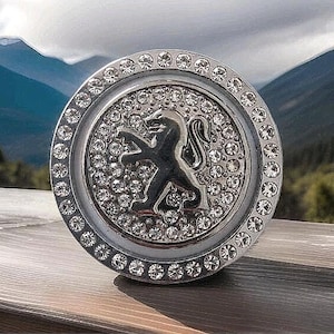 May include: A circular, silver-coloured emblem with a lion motif at its centre, encircled by numerous clear, sparkling crystals. The outer edge also features crystals. The emblem is set against a blurred outdoor backdrop.
