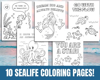 Kids Sealife Coloring Pages, Printable Coloring Book For Kids, Cute Inspiring Quotes, Activities For Children, Dolphin, Mermaid, Turtle Art