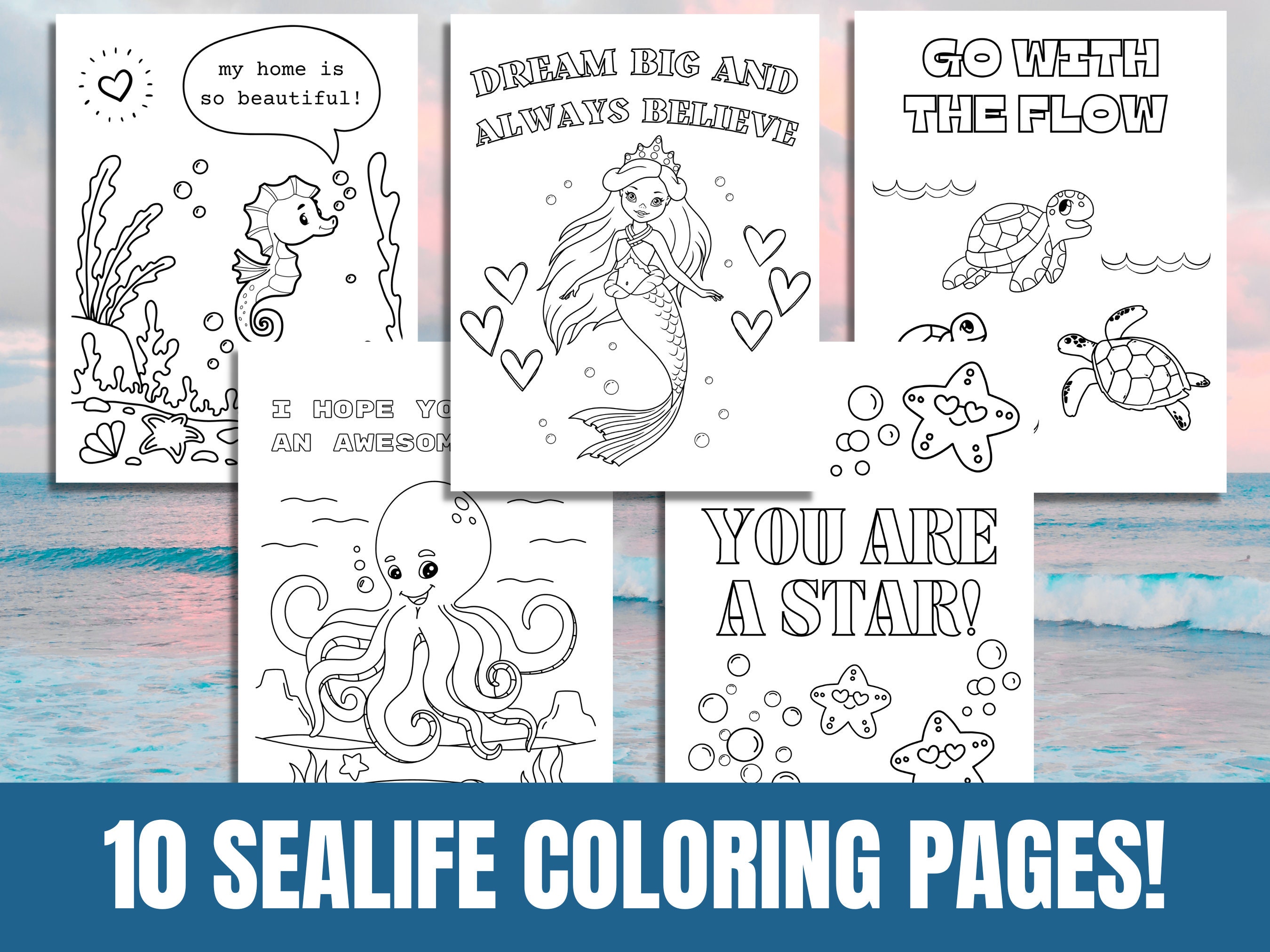 Kids Sealife Coloring Pages, Printable Coloring Book for Kids, Cute