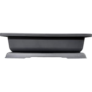 May include: A dark gray rectangular bonsai pot with a matching tray. The pot has a wide, shallow design with a slightly raised rim. The tray has a rectangular shape with a decorative edge. The pot and tray are made of a durable material.