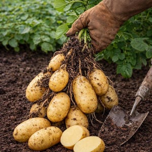 May include: A handful of freshly harvested potatoes with dirt clinging to their roots. The potatoes are a light brown color and are oval-shaped. A shovel rests in the dark soil next to the potatoes, and green plants are in the background.