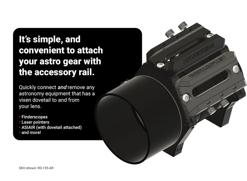 Système de bague astrodyme : monture ZWO ASIAIR et lunette de guidage pour objectif Rokinon/Samyang 135 mm F/2 Accessory Rail