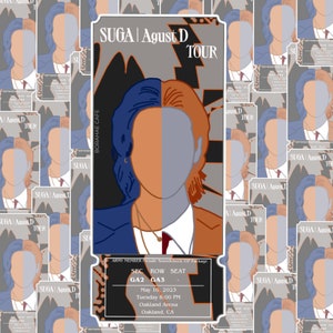 May include: A ticket for the Suga Agust D Tour in Oakland, California on May 16, 2023. The ticket is for section GA2, row GA3. The ticket is designed to look like a vintage concert ticket with a black and white checkered pattern and a portrait of Suga.