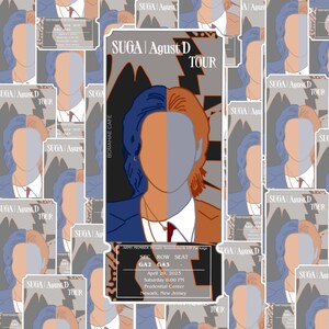 May include: A repeating pattern of concert tickets featuring a stylized illustration of a person with half a face in blue and the other half in orange. The tickets read "SUGA | Agust D TOUR" and include event details.