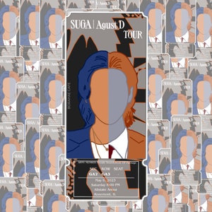May include: A concert ticket for the Suga Agust D Tour. The ticket is gray with a blue and orange illustration of Suga. The ticket details include the date, time, and location of the concert. The text on the ticket reads "ARMY MEMBER Presale Soundcheck VIP Package", "SEC ROW SEAT", "GA2 GA3", "May 6, 2023", "Saturday 8:00 PM", "Allstate Arena", "Rosemont, IL".