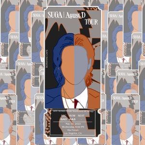 May include: A ticket for the Suga Agust D Tour in Los Angeles, California. The ticket is for Section GA2, Row GA3, on May 10, 2023 at 8:00 PM. The ticket features a stylized illustration of Suga with a blue and orange color scheme.
