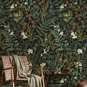 Vintage Fern Botanical Wallpaper | Peel and Stick | Dark Botanical Wallpaper | Botanical Wallpaper | Fern Wallpaper | Removable Wallpaper