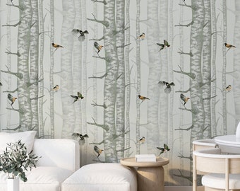 Tree and Birds Wallpaper | Watercolor Forest Wall Mural | Removable Wallpaper