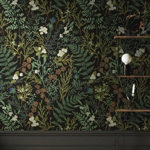 Vintage Dark Botanical Wallpaper, Peel and Stick Wallpaper, Removable Wallpaper, Botanical Wallpaper, Temporary Wallpaper, Wallpaper