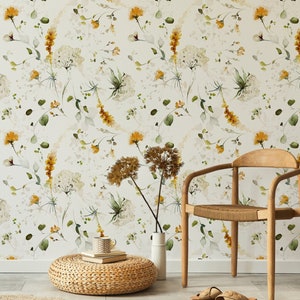 Watercolor Wildflower Wallpaper | Yellow Floral Wall Mural Peel and Stick