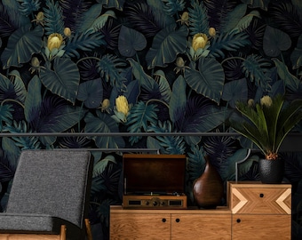Dark Tropical Banana Leaf Wallpaper: Peel and Stick, Removable