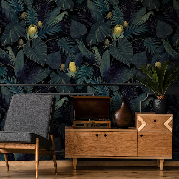 Dark Banana Leaf Wallpaper | Gold Color Details Banana Leaves Wall Mural | Peel and Stick