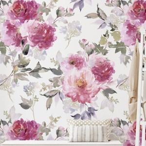 Watercolor Floral Wallpaper Peel and Stick, Pink Peonies Wallpaper, Removable Wallpaper, Self Adhesive Wallpaper