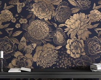 Blumentapete | Gold Look Dark Floral Wandbild | Abnehmbare Tapete | Tapete abziehen und aufkleben | Vintage Blumen-Tapete