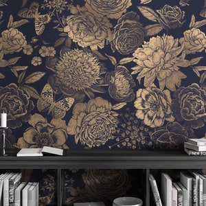 Floral Wallpaper | Gold Look Dark Floral Wall Mural | Removable Wallpaper | Peel and Stick Wallpaper | Vintage Flower Wallpaper