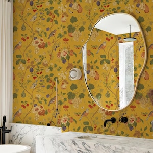Yellow Chinoiserie Wallpaper: Bird and Blossom Wall Mural, Peel and Stick