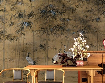 Chinoiserie Tree Wallpaper | Crane Birds Wall Mural | Vintage Chinoiserie Wallpaper | Peel and Stick | Removable Wallpaper