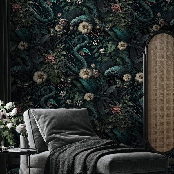 Dark Botanical Wallpaper, Secret Garden at Night, Peel and Stick, Snake and Birds, Botanic Plants Wall Mural