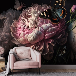 Dark Floral Wallpaper Peel and Stick, Peony Wall Mural, Room Wall Decor