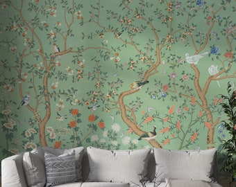 Chinoiserie Wallpaper / Mural de pared de árbol asiático / Árbol con papel tapiz de flores Peel and Stick