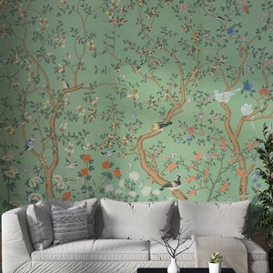 Chinoiserie Wallpaper | Asian Tree Wall Mural | Tree with Flower Wallpaper Peel and Stick