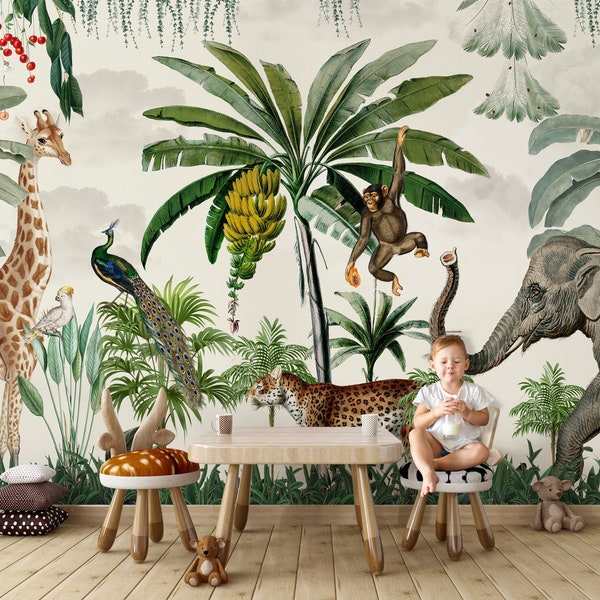 Kids Wallpaper Peel and Stick, Vintage Safari Animals Wall Mural, Nursery Wallpaper, Child Safari Jungle Animals Wallpaper