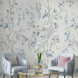 Vintage Chinoiserie Peacock Wallpaper: Asian Landscape Peel and Stick
