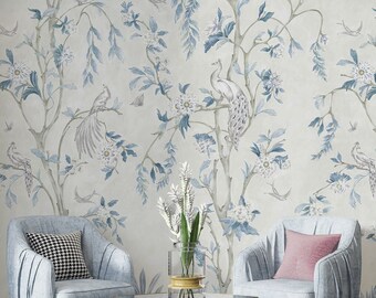 Vintage Chinoiserie Peacock Wallpaper: Asian Landscape Peel and Stick