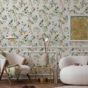Chinoiserie Wallpaper Peel and Stick, Tree and Birds Wallpaper, Removable Wallpaper, Asian Wallpaper