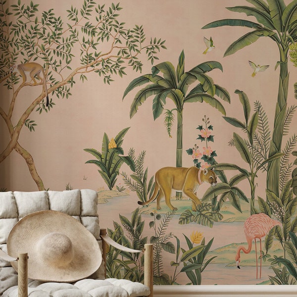 Tropical Landscape Wallpaper | Vintage Forest Wall Mural Peel and Stick