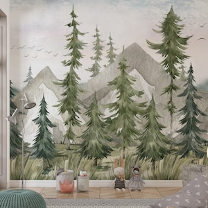 Kids Forest Wallpaper: Nursery Pine Tree Mountain Wall Mural, Peel and Stick