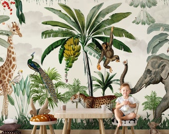 Kids Wallpaper Peel and Stick, Vintage Safari Animals Wall Mural, Nursery Wallpaper, Child Safari Jungle Animals Wallpaper