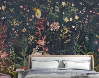 Tropical Wallpaper | Plants with Flowers Wall Mural | Tropical Leaves Wallpaper | Peel and Stick Removable Wallpaper