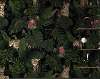 Dark Tropical Leaf Wallpaper: Peel and Stick Botanical Wall Mural