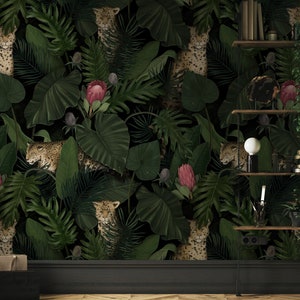 Dark Tropical Wallpaper Peel and Stick, Botanical Wall Mural, Removable Wallpaper, Tropical Leaf Wall Mural