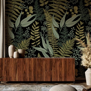 Fern Botanical Wallpaper Peel and Stick, Dark Green Wallpaper, Living Room Decor image 1
