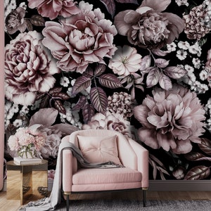 Dark Floral Wallpaper Peel and Stick, Peony Flowers Wall Mural, Removable Wallpaper, Dark Flower Wall Mural