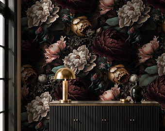 Moody Dark Floral Wallpaper | Vintage Peony Wall Mural | Removable Peel and Stick