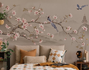 Chinoiserie Wallpaper Peel and Stick | Asian Blossom Flowers and Trees Wall Mural | Removable Wallpaper