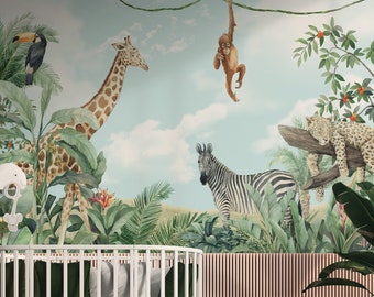 Kids Safari Wallpaper | Jungle Animals Wall Mural | Removable Baby Room Wallpaper | Peel and Stick Wallpaper