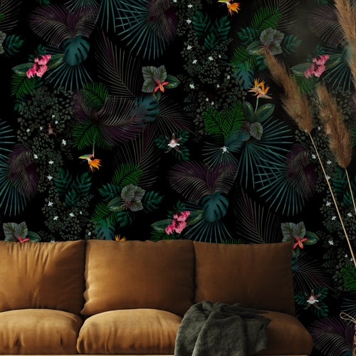 Dark Floral Wallpaper Peel and Stick Botanical Wall Mural - Etsy