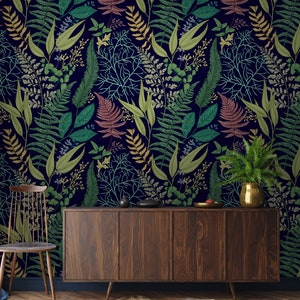 Dark Botanical Wallpaper, Peel and Stick Wallpaper, Removable Wallpaper, Botanical Wallpaper, Temporary Wallpaper, Wallpaper